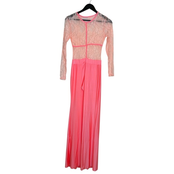 Vintage Sheer Lace Long Sleeve Maxi Dress Flamingo Pink Size Medium Romantic - Picture 3 of 10